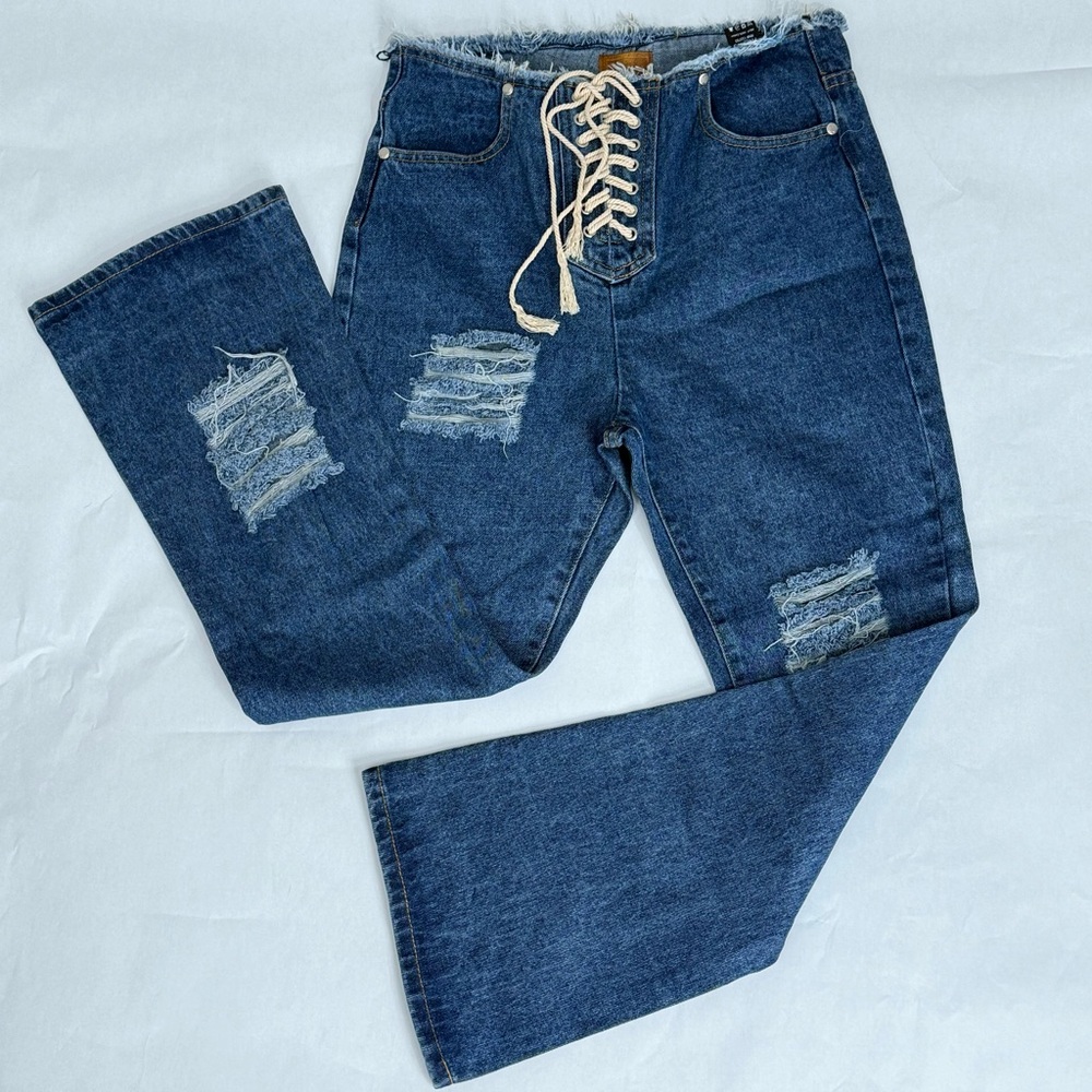 NWOT POL Front Lace Up Distressed High Waisted Flare Wide Leg Denim Jeans Boho